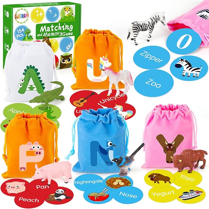 Alphabet Learning Toys for Toddlers, Word Work Small Group Set with 104 Phonics Flash Cards and 26 Animal Figurines, Fun Education Classroom Supplies Alphabet Sounds Teaching Games for Kids