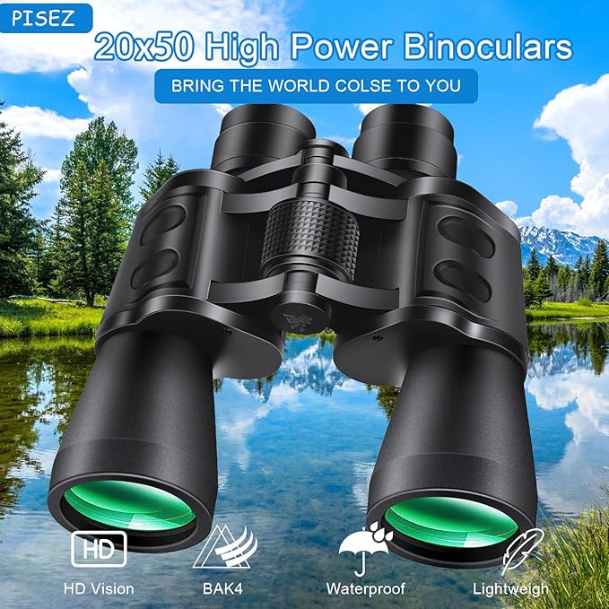 PISEZ 20X50 Binoculars for Adults High Powered with Low Light Vision，Compact Large View Waterproof Binoculars for Bird Watching Hunting Concert Traveling Theater Opera Sightseeing