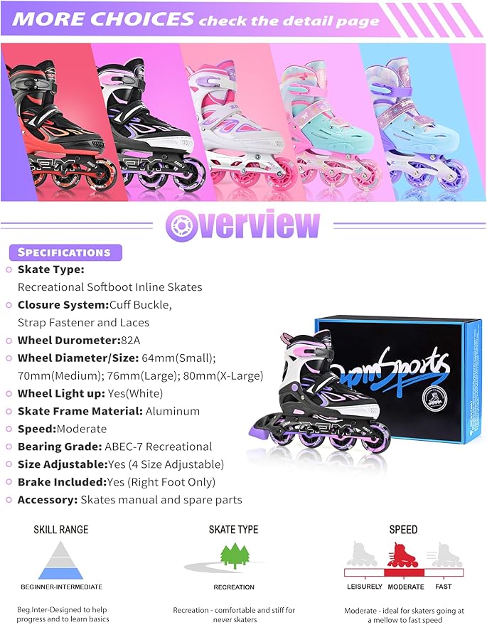 2PM SPORTS Vinal Girls Adjustable Flashing Inline Skates, All Wheels Light Up, Fun Illuminating Skates for Kids Men Adult Women and Boys