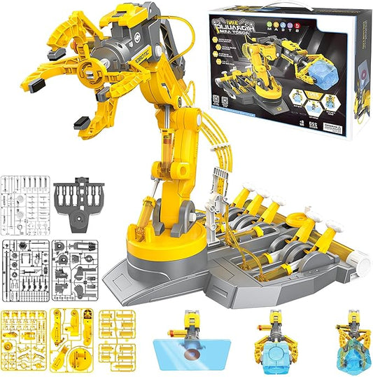 SMIESSKIDDO 3 in 1 Hydraulic Robot Arm - 220 Pcs STEM Building Toys with 4-Jaw Grab, Suction & Tongs for Kids 8-12 | No Batteries Needed Engineering Gift for Boys & Girls Ages 9 10 11