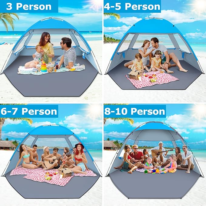 Gorich Beach Tent Sun Shelter for 3/4-5/6-7/8-10 Person with UPF 50＋ UV Protection, Lightweight & Easy Setup Beach Shade Canopy, Portable Beach Shade Tent Beach Cabana