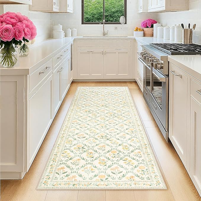 Runner Rug for Entryway: 2.6x8 Kitchen Rugs Non Slip Washable Ultra-Thin Soft Floral Carpet Indoor Floor Stain Resistant Carpets for Hallway Bedroom Kitchen Laundry Bathroom Dorm Beige/Multi