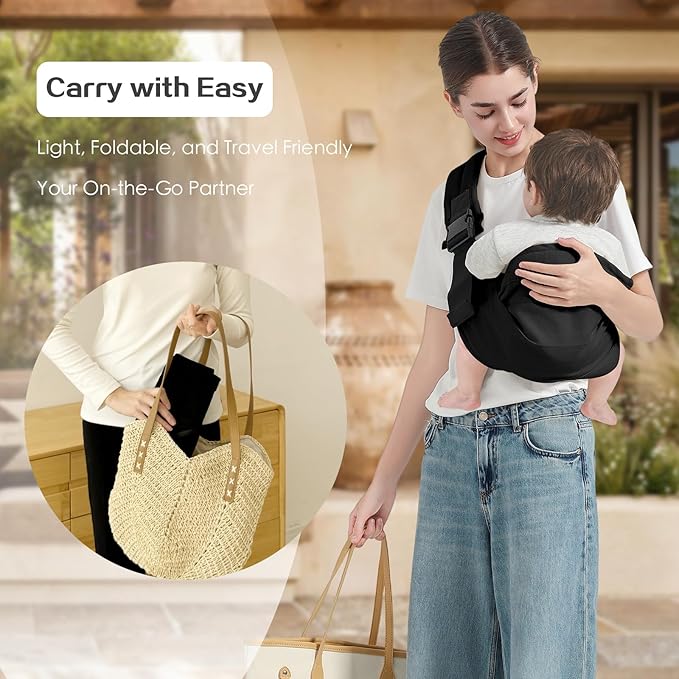 Baby Sling Carrier, Toddler Carrier Sling with Double Safety Buckle and Adjustable Shoulder Strap(7-30lbs), Baby Carriers One Size Fits All, Black