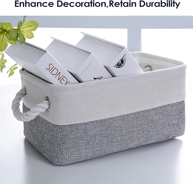 TheWarmHome Small Storage Baskets for Organizing,Storage Baskets for Shelves,Small Fabric Storage Bins W/Handles For Closet Nursery Toy Decorative Foldable (White&Grey, 11.8L*7.9W*5.2H-6 Pack)