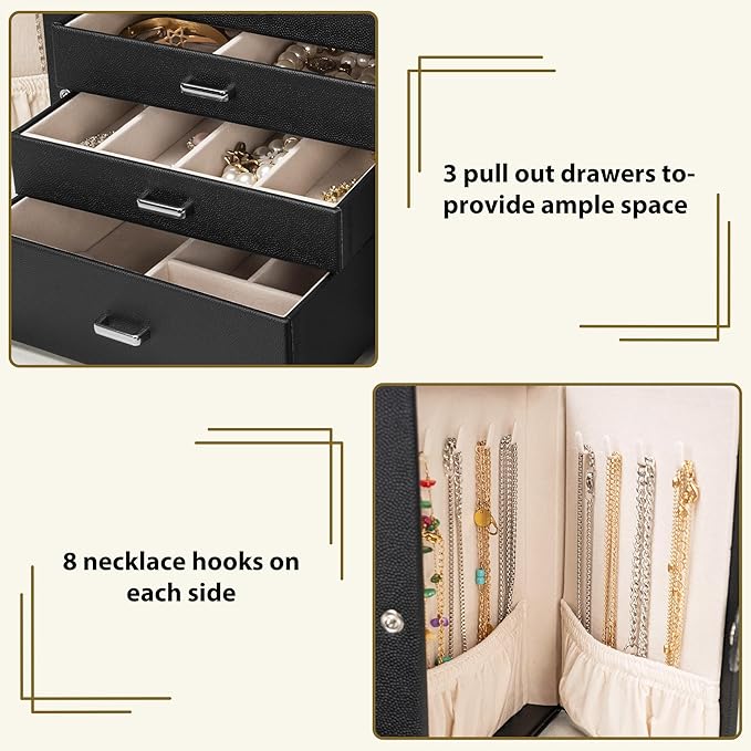 AKOZLIN 4-Tier Jewelry Box Lockable Leather Jewelry Storage Case Organizer with 3 Drawers for Women Girls Ring Necklace Earring Bracelet Watches Holder with Mirror