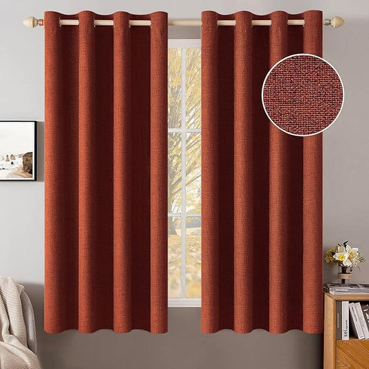 MIULEE Linen Curtains for Bedroom 100% Blackout Thermal Insulated Burnt Orange Grommet Room Darkening Curtains & Drapes Rust Terracotta Fall Decor for Living Room Nursery 52 x 63 Inch (2 Panels)