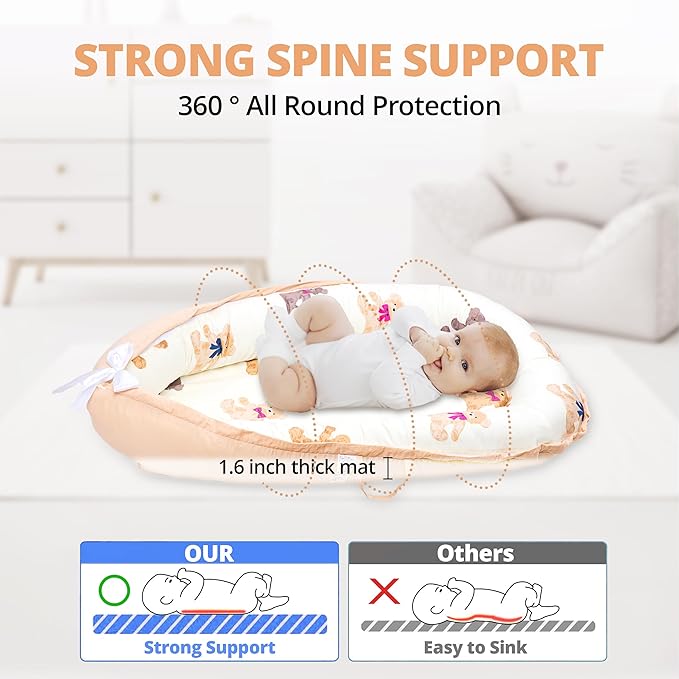 Baby Lounger - Baby Lounger for Newborn 0-24 Months, Breathable, Soft Cotton Baby Nest, Portable Infant Lounger for Home & Travel, Newborn Essentials Gift (Ivory Bear)