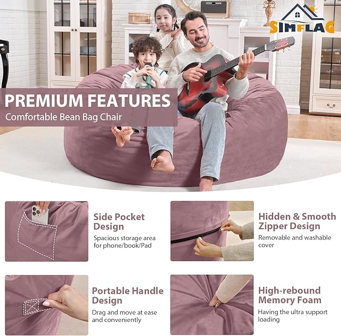 4FT Bean Bag Chair, Large Bean Bag Chairs with Memory Foam Filled, Fluffy Beanbag Sofa with Dutch Velvet Cover, Round BeanBag Chairs for Living Room, Playroom - Dusty Pink