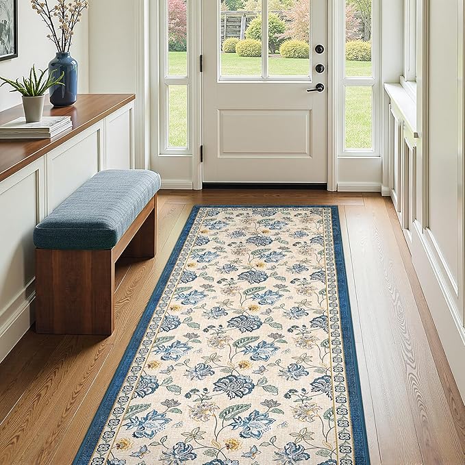 jinchan 3x10 Floral Runner Rug for Hallway Washable Kitchen Runner Vintage Romance Design Non Slip Thin Indoor Floor Cover Low-Profile Throw Carpet for Entryway Bathroom Bedroom Porch, Blue/Beige