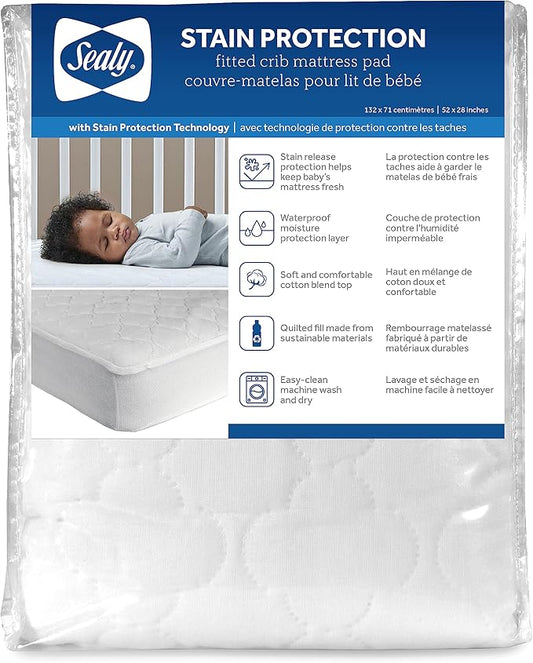 Sealy Baby Stain Protection Waterproof Crib Mattress Protector Cover, Fitted Toddler Bed Pad, Protective Sheet for Boys and Girls Bedding, Noiseless & Machine Washable/Dryer Friendly 52x28 - White