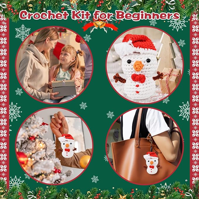 Christmas Snowman Crochet Kit for Beginners, Crochet Starter Kit for Kids Adults, Learn to Crochet w/Step-by-Step Video Tutorials, Pre-Started Yarn, Hook, DIY Amigurumi Craft Gifts for Christmas Décor