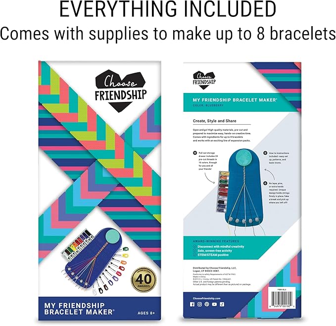 Choose Friendship Bracelet Making Kit – 20 Pre-Cut Threads, Portable Loom with Storage, Makes 8 Bracelets, Craft Gift for Kids Ages 8+, Dark Blue “Blueberry”