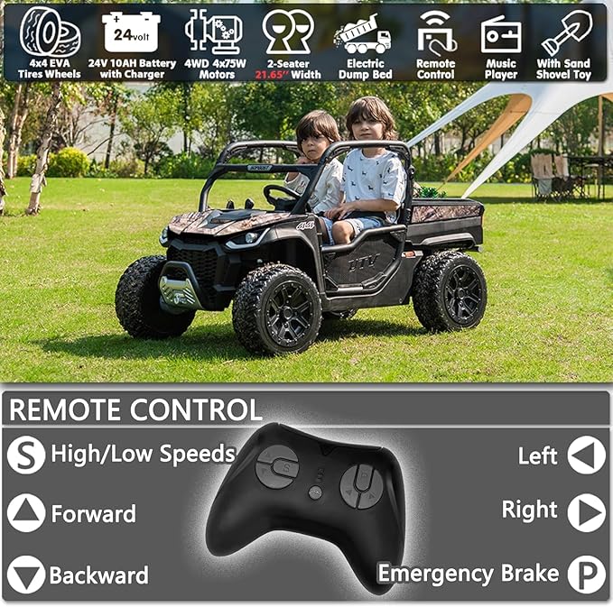 sopbost 24V 10Ah Ride On Toys for Big Kids to Drive 2 Seater Ride On Car with Remote Control Battery Powered Side by Side UTV with Large Dump Bed, 4x75W Motors, Camouflage Black