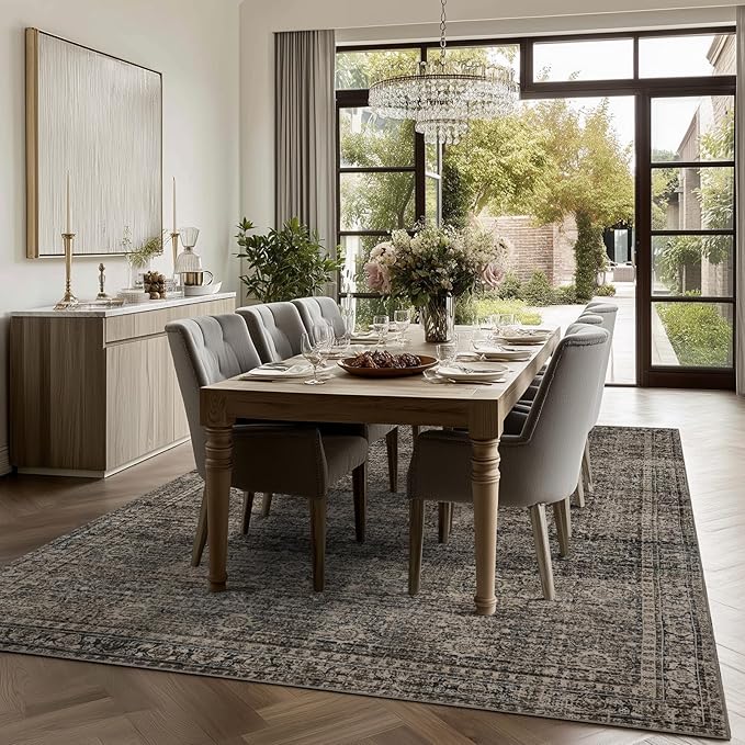 4x6 Washable Area Rug for Living Room, Carpet for Bedroom, Soft Faux Wool Retro Dining Room Rug, Non Slip&Non-Shedding Resistant Low Pile Vintage Print Rug for Home Office (Brown)