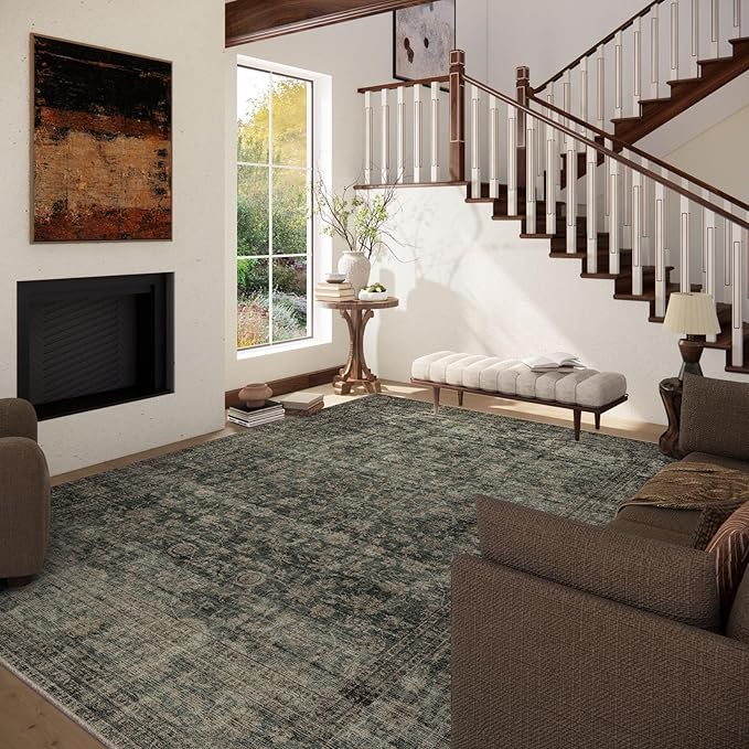 Washable Living Room Area Rug: 8x10 Rugs for Bedroom Vintage Stain Resistant Non Slip Low Pile Lightweight Boho Carpet for Kitchen Dining Room Farmhouse Kids Room Nursery