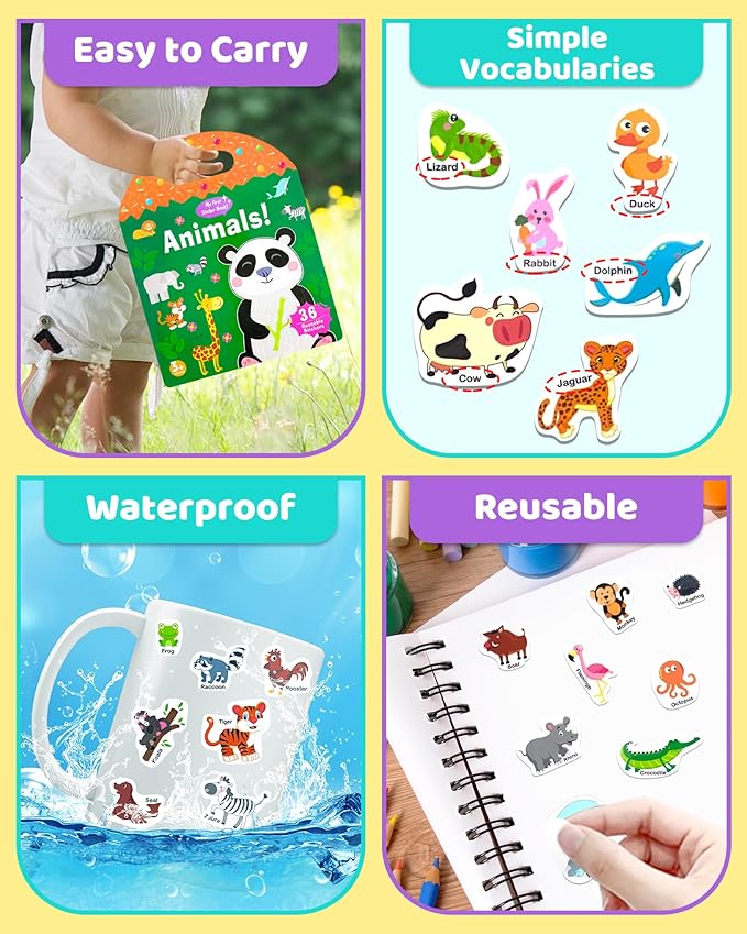 Benresive Reusable Sticker Books for Kids 2-4, Sticker Books for Toddlers 1-3 2-4, Toddler Travel Toys Activities Crafts Gifts - Animals