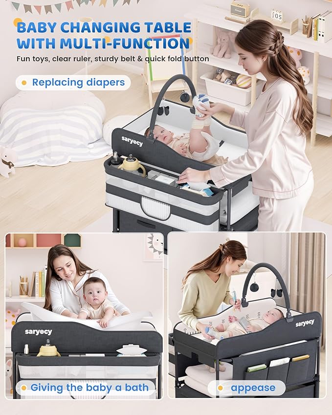Baby Changing Table with Storage, Versatile Folding Changing Table, Baby Changing Station, Removable Wheels, 4 Adjustable Height, Waterproof, Mobile Nursery for Infant and Newborn