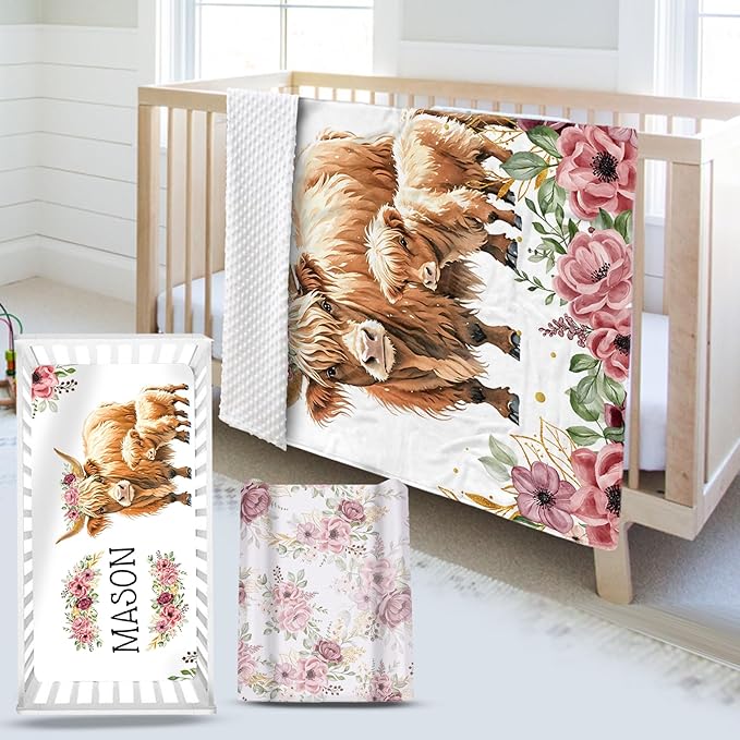 Custom Name Crib Bedding Set - Flower Highland Cow Pattern, Personalized Nursery Bedding 3-Piece Set– Soft Blanket, Fitted Sheet, Changing Pad Cover – for Newborns Girls Nursery Gifts