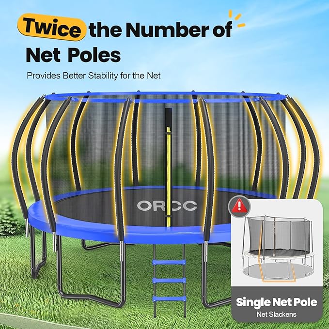 ORCC 1200LBS Weight Capacity Trampoline 16 15 14 12 10 8 FT for Kids with Safety Enclosure Net for Children Adults Outdoor Yard Trampolines