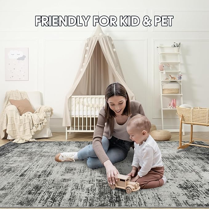 10x14 Area Rugs for Living Room: Soft Abstract Large Area Rug Non-Shedding Anti-Skid Stain Resistant Indoor Floor Modern Washable Rugs for Bedroom Dining Room Nursery Farmhouse Home Office-Black/Gray