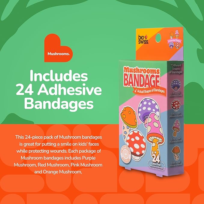 BioSwiss Bandages, Mushroom Shaped Self Adhesive Bandage, Latex Free Sterile Wound Care, Fun First Aid Kit Supplies for Kids and Adults, 24 Count