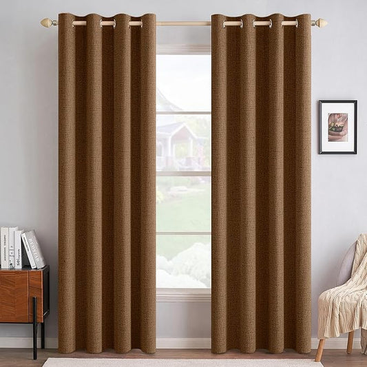 MIULEE Linen Curtains for Bedroom 100% Blackout Thermal Insulated Brown Grommet Room Darkening Curtains & Drapes Fall Decor for Living Room Nursery 52 x 90 Inch (2 Panels)