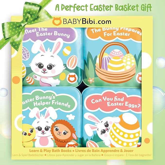Easter Bath Book Set for Babies & Toddlers – 4 Colorful, Soft, and Waterproof Bath Books with Bunny & Animal Friends – Fun Bath Toys & Basket Stuffers – Perfect for Easter & Baby Showers
