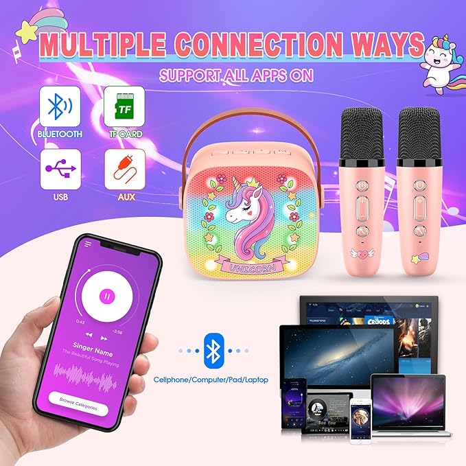 Unicorn Mini Karaoke Machine Toys: Kids Toys Girls Birthday Gifts Age 3-12+ LED Portable Bluetooth Speaker with 2 Wireless Microphone Gift Toy for 4 5 6 7 8 9 Years Old Girl Boy Kid Adult