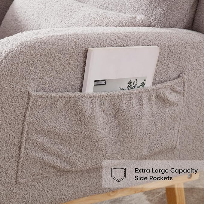 Rocking Chair Nursery, Sherpa Nursing Rocking Chairs, Upholstered Nursery Glider Rocker for Mom Nursery Morden Accent Rocking Chair Pillow for Living Room,Bedroom,Teddy Light Grey