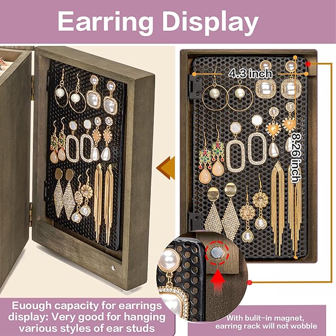 Meangood Jewelry Box Wood for Women, 5-Layer Large Organizer Box with Mirror & 4 Drawers for Rings, Earrings, Necklaces, Vintage Style, Weathered Grey