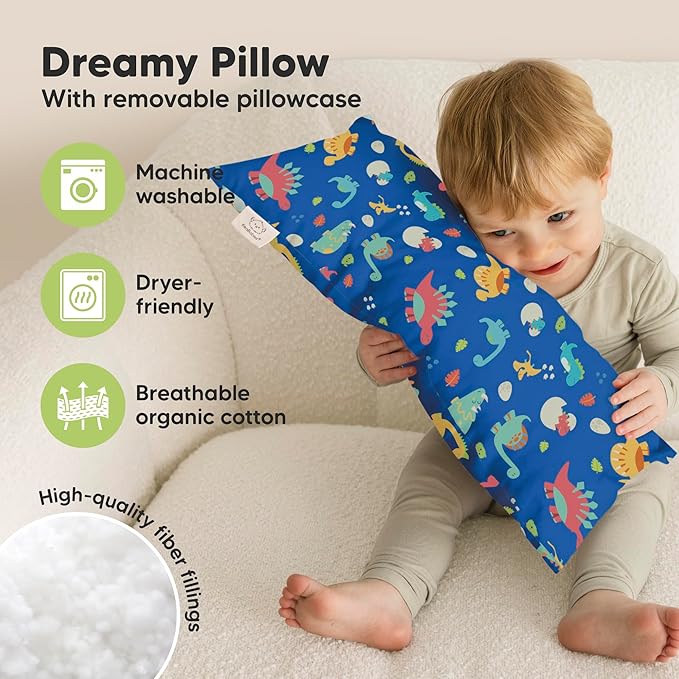 Toddler Pillow with Pillowcase - 10x18 My Little Dreamy Kids Travel Bed Pillows for Sleeping, Organic Cotton Small Pillowcase, Soft & Breathable, Machine Washable, Toddlers 2-5 Years Old (DinoWorld)