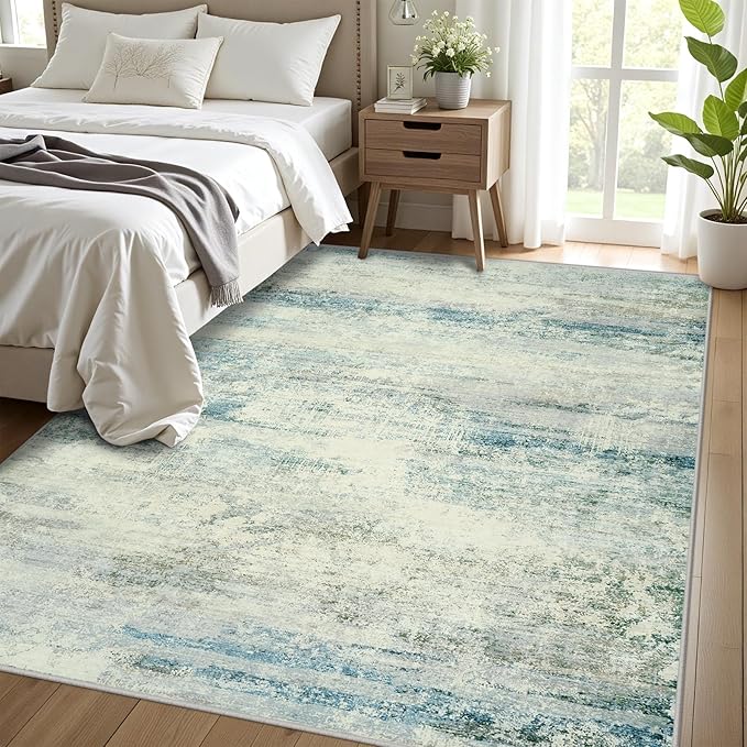 Washable Rug 6x9 Area Rugs, Abstract Large Living Room Rugs with Non-Slip Backing, Thin Carpet for Dorm Dining Room Table Nursery Indoor Home Office -Blue/Gray