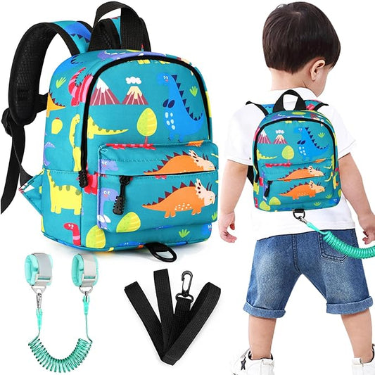 Accmor Toddler Backpack Leash with Anti Lost Wrist Link, Cute Mini Child Walking Harnesses Keep Kids Close Back Pack Rope Tether Rein for Baby Boys (Turquoise/Dino)