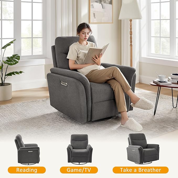Power Recliner Chair Swivel Glider, Electric Rocking Recliner Chairs with USB and Type-C Ports, Nursery Chair Recliner for Office, Living Room, Bedroom（Dark Gray）