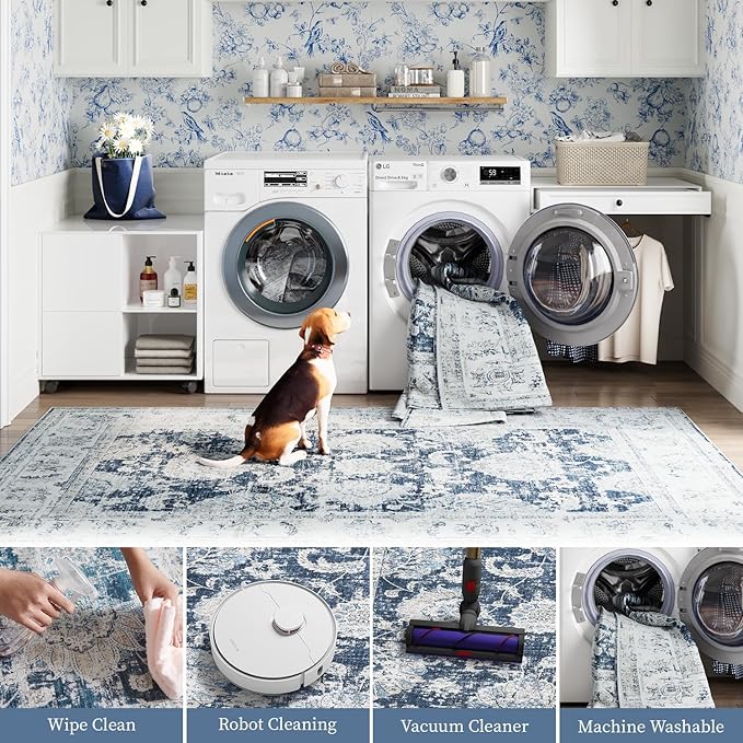 jinchan Runner Rug 2x7 Machine Washable Hallway Rug Dark Blue Vintage Floral Print Non-Slip Low Pile Ultra-Thin for Kitchen,Entryway,Laundry Room,Bedroom,Farmhouse (2‘x7’,Dark Blue)