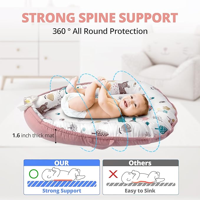 Baby Lounger - Baby Lounger for Newborn 0-24 Months, Breathable, Soft Cotton Baby Nest, Portable Infant Lounger for Home & Travel, Newborn Essentials Gift (Pink Deer)