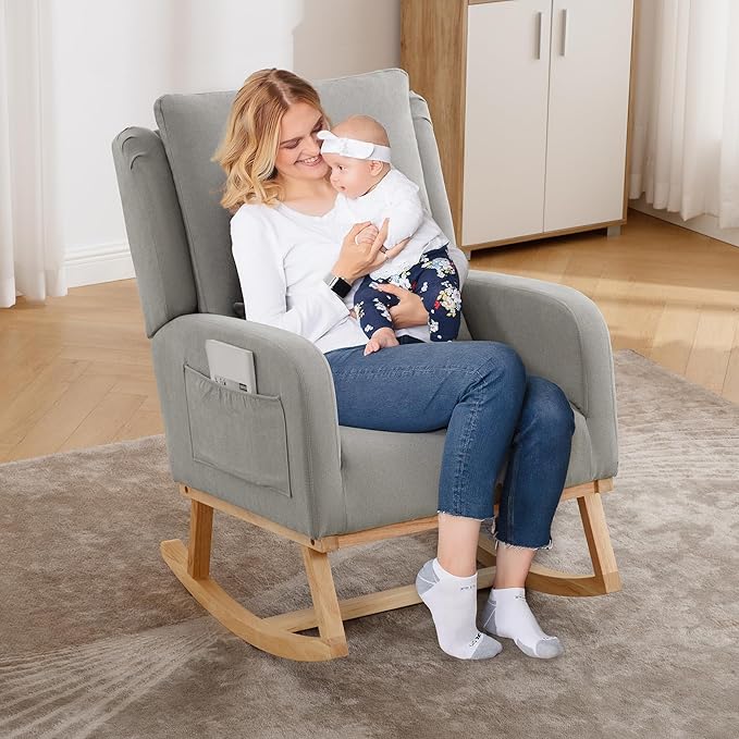 Rocking Chair Nursery, Upholstered Fabric Nursing Rocking Chairs with Lumbar Pillow, Modern Nursery Glider Rocker Morden Accent Rocking Chair for Mom Nursery, Living Room, Bedroom, Grey