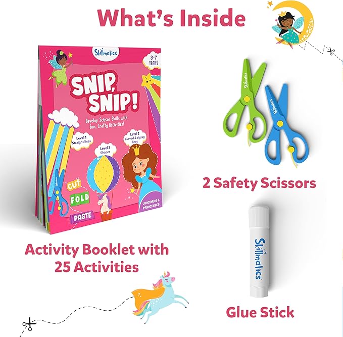 Skillmatics Scissor Skills Activity Book - Snip Snip, 25 Fun Cutting & Creative Activities for Preschoolers, 2 Child-Safe Scissors, Fine Motor Skills Craft Kit, Gifts for Kids Ages 3, 4, 5, 6, 7