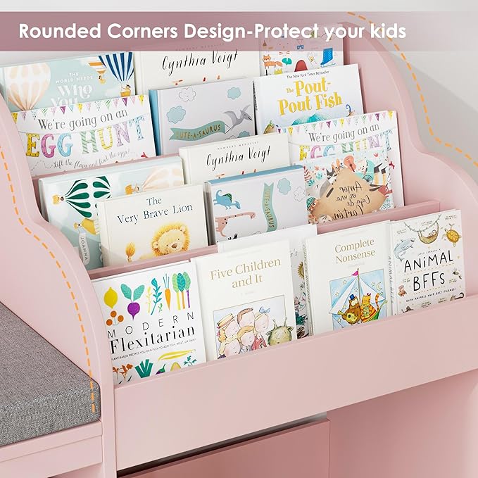 HOSTACK 67" Kids Reading Nook with Bench, Kids Bookshelf and Bookcase with Seat Cushion and 6 Storage Cubbies, Toy Storage Box on Wheels, Toy Chest for Playroom, Bedroom, School, Pink