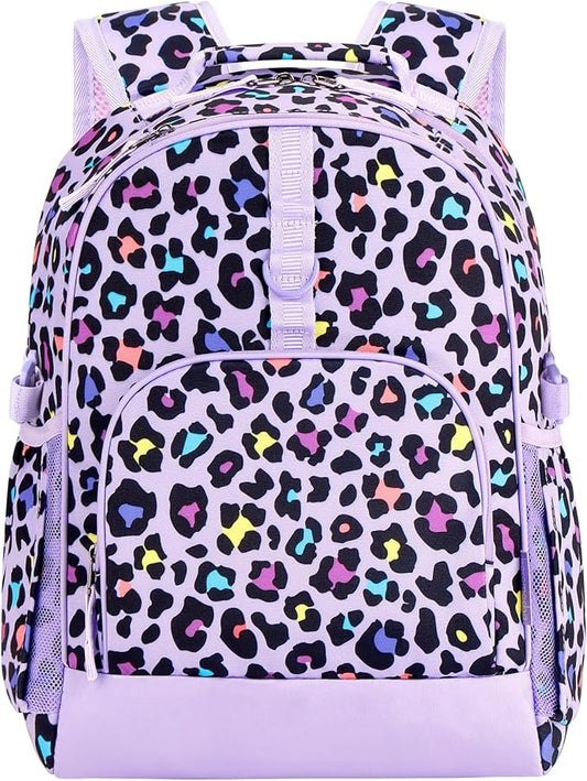 Choco Mocha Cheetah Backpack for Girls, Elementary School Backpack for Girls Ages 6-8 Kids Kindergarten Backpack Bookbag 17 Inch with Chest Strap, Purple