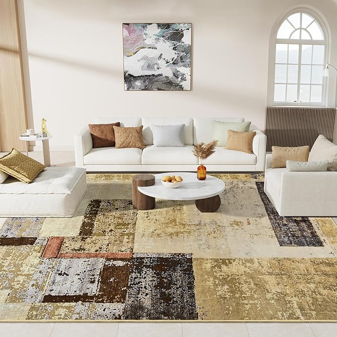 LOCHAS Rug for Living Room, Washable Soft Area Rugs for Bedroom 8x10, Abstract Carpet for Indoor Office Kids Dining Room Nursery Floor, Khaki Geometric Vintage Home Decor, Non Slip, Pet Child Friendly