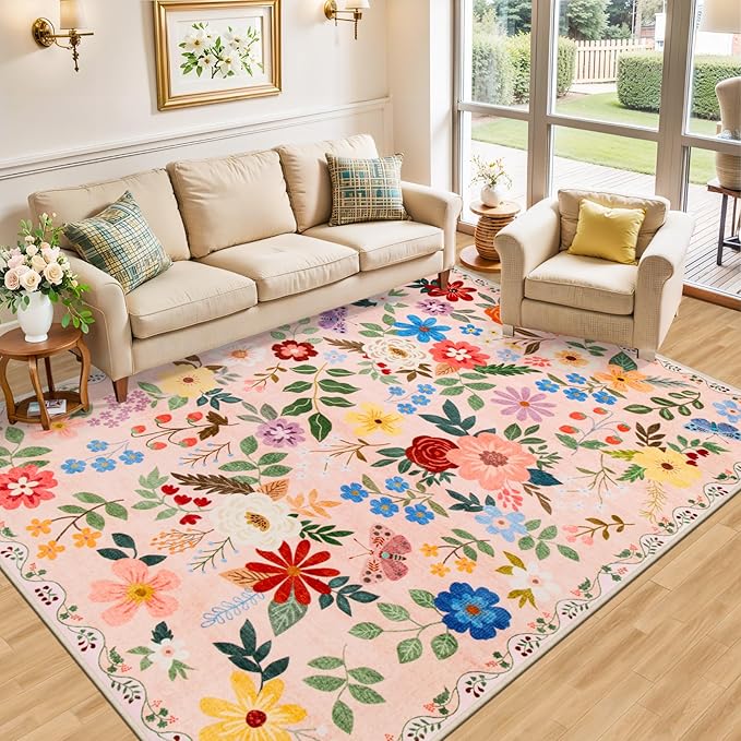 Area Rugs 9x12 Living Room: Floral Washable Rug Vintage Large Soft Boho Non-Slip Carpet Indoor Floor Stain Resistant Low Pile Carpets for Bedroom Dining Room Farmhouse Nursery Home Office Dark Beige