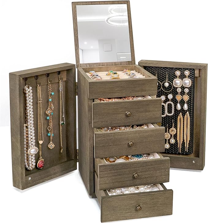 Meangood Jewelry Box Wood for Women, 5-Layer Large Organizer Box with Mirror & 4 Drawers for Rings, Earrings, Necklaces, Vintage Style, Weathered Grey