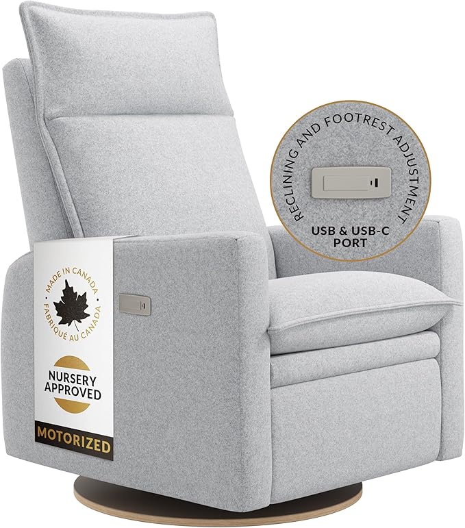 Arya Modern Nursery Chair Glider Recliner with 180° Swivel - Cozy Motorized Reclining Nursing Chair with USB Ports, Gentle Motion, Ergonomic Design, Canadian-Made (Heather Grey/ARLO Fabric)