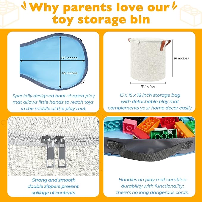 SAM AND MABEL XXL Toy Storage Organizer with Play Mat – 15" x 15" x 16" Storage Bin for Kids' Playroom, Foldable Nursery Fabric Basket (Ivory)