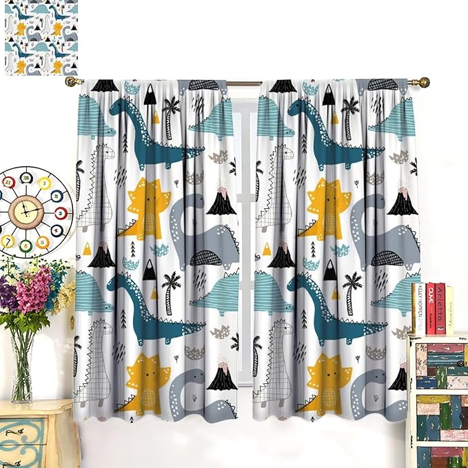 Kids Dinosaur Curtains for Boys Girls Bedroom Decor Cartoon Dino Colorful Cute Funny Wildlife Animal Printed Blackout Rod Pocket Window Drapes for Baby Nursery Playroom Living Room W21xL54in 2 Panels
