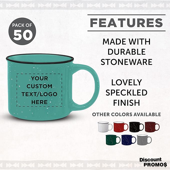 DISCOUNT PROMOS Custom Ceramic Campfire Coffee Mugs 13 oz. Set of 50, Personalized Bulk Pack - Perfect for Tea, Espresso, Cappuccino, Hot Cocoa - Mint