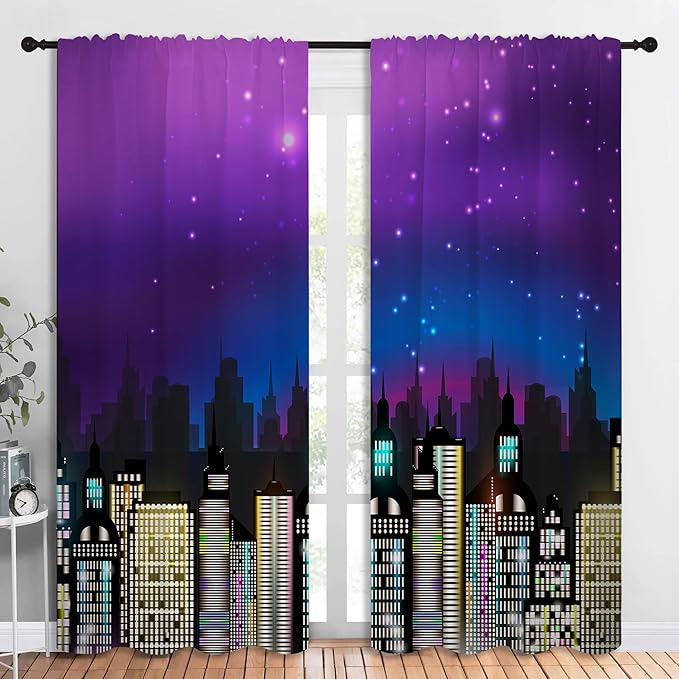Superhero Rod Pocket Blackout Curtains for Boy Girl Bedroom, Super City Skyline Buildings Night Panorama Thermal Insulated Home Window Drapes for Living Room Darkening, 84x72 inch