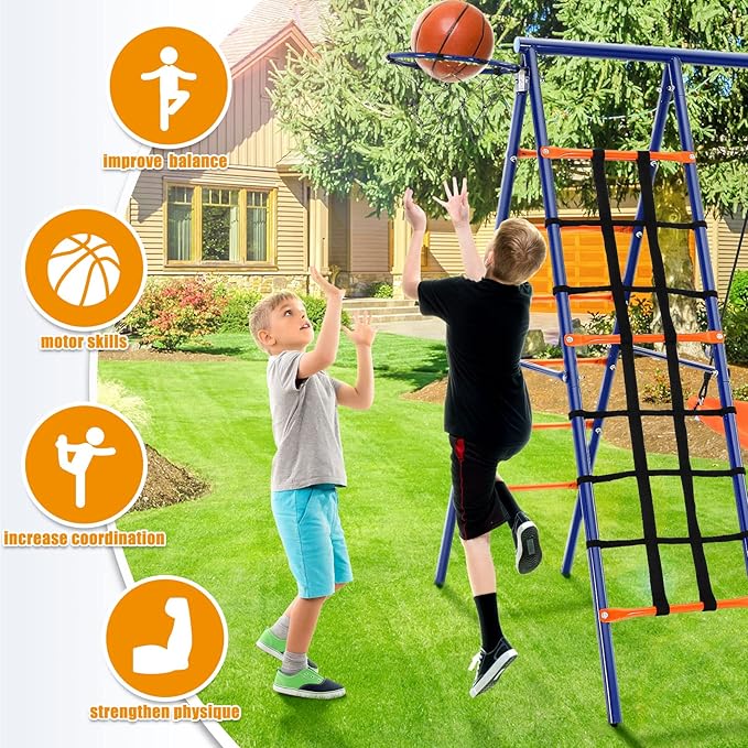 Swing Set for Backyard - 6 in 1 Multifunction Kids Swing Set Heavy Duty 550 lbs Outdoor Extra Large Metal Swing Frame with 3 Adjustable Swings Climbing Net Ladder Basketball Hoop