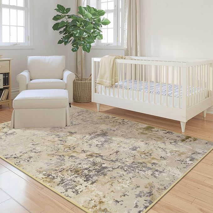 Nursery Rug for Baby Girl, 5x7 Beige Washable Rugs for Living Room Bedroom Dorm Non Slip, Stain Resistant Neutral Carpet Low Pile for Classroom, Dining Room, Kids Playroom